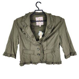 Womens Olive Green Decree Ruffle Blazer Jacket 3/4 Sleeves 100% Cotton Size XL